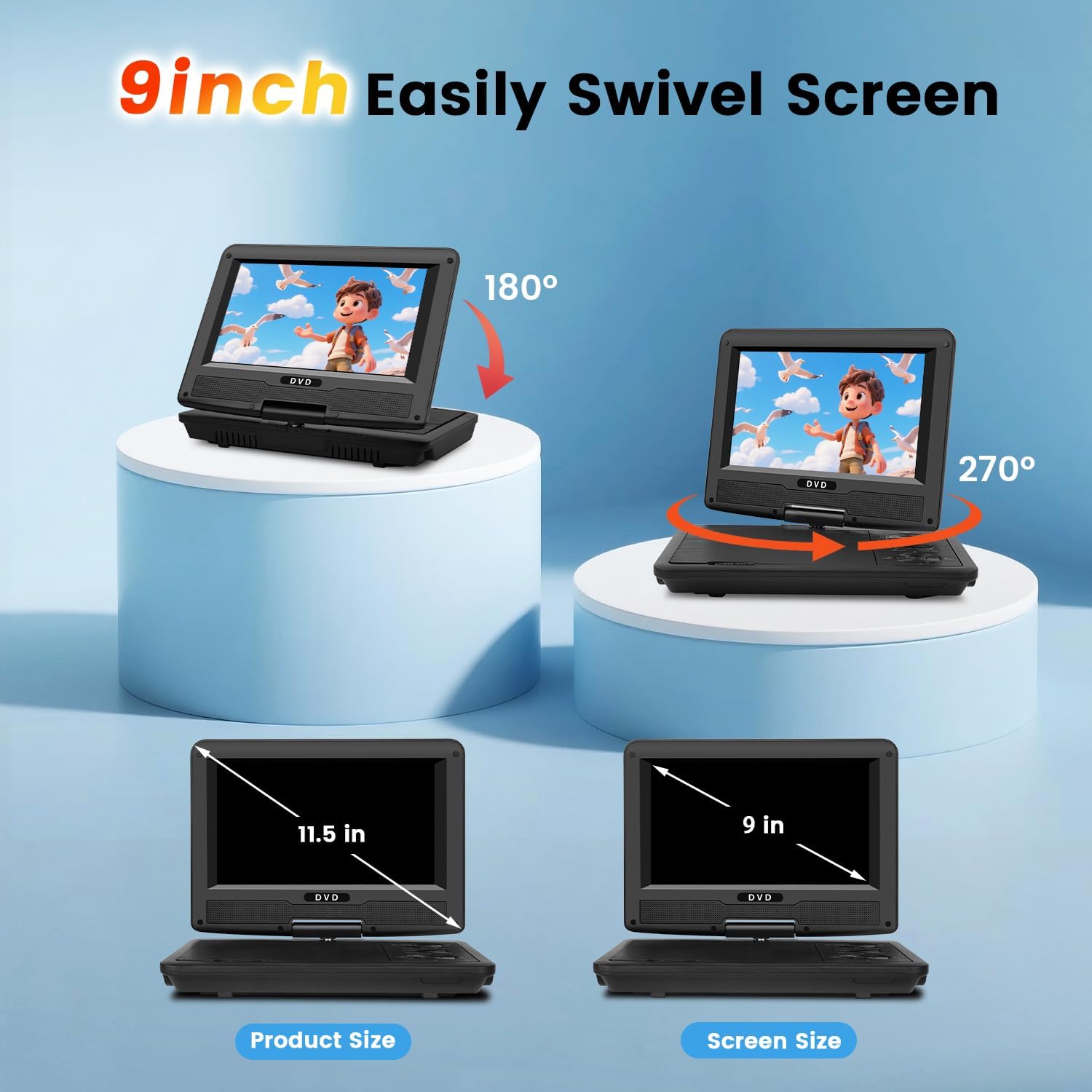 11.5" Portable DVD Player for Kids & Car Travel–9 inch Swivel IPS Screen,3-Hour Battery,CD/DVD/USB/SD Support,Region Free/Headrest Mount & Remote thumbnail 5